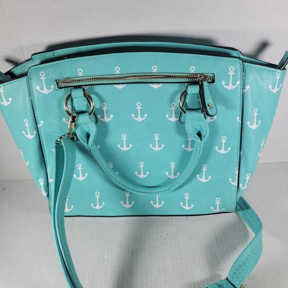 Turquoise Anchor Nautical Faux Leather Adjustable Crossbody Shoulder Handbag - Picture 10 of 11